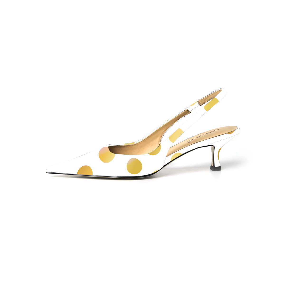 Women's White Patent Leather Kitten Heels Golden Polka Dots 
