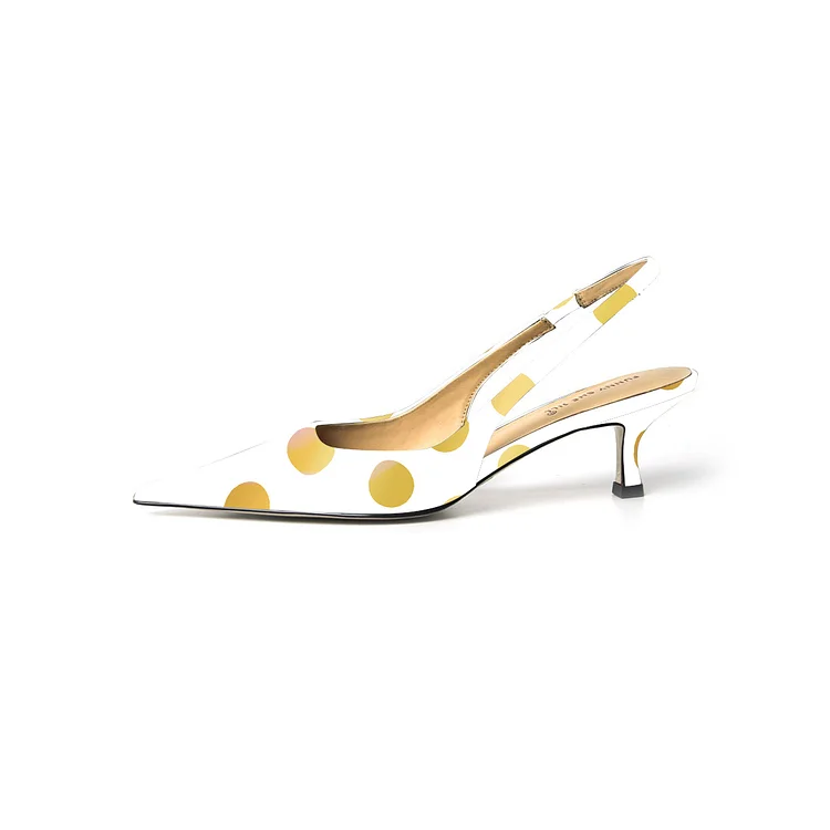 White Patent Leather Kitten Heel Slingback Pumps with Gold Polka Dots |FSJ Shoes