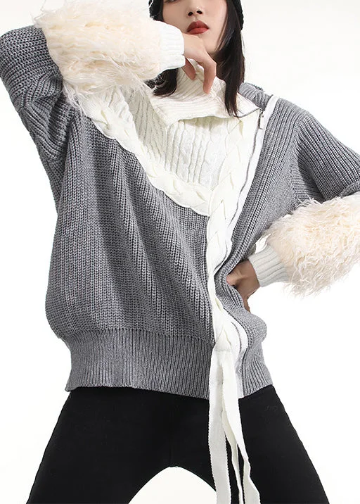 Beautiful Grey Zip Up Patchwork Knit Pullover