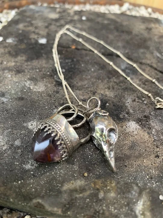 Amethyst and crow skull locket talisman 