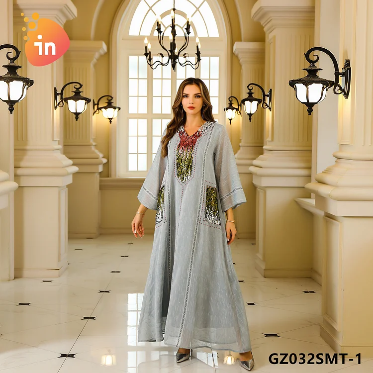 Middle East Muslim Dress for Women Eid Dubai Arab Sequins Embroidered Islam Abaya Robe Evening Party Long Dresses-GZ031SMT