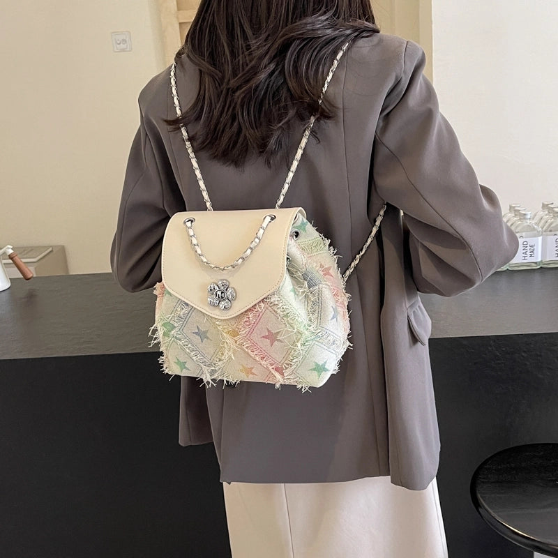 Women’s Medium Cloth Color Block Star Classic Style Streetwear Sewing Thread Square Flip Cover Fashion Backpack