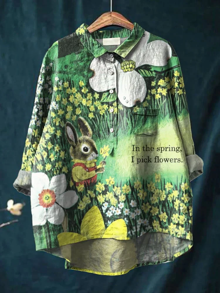 In The Spring I Pick Flowers Cute Rabbit Floral Art Print Casual Cotton And Linen Shirt