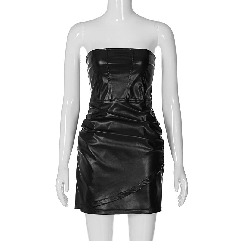 Autumn Winter Faux Leather Fashionable Elegant Sexy Bandeau Slim Fit Slimming Sheath Dress