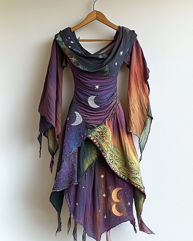 Summer Fashion Tie-Dye Star and Moon Embroidered Dress fb5f