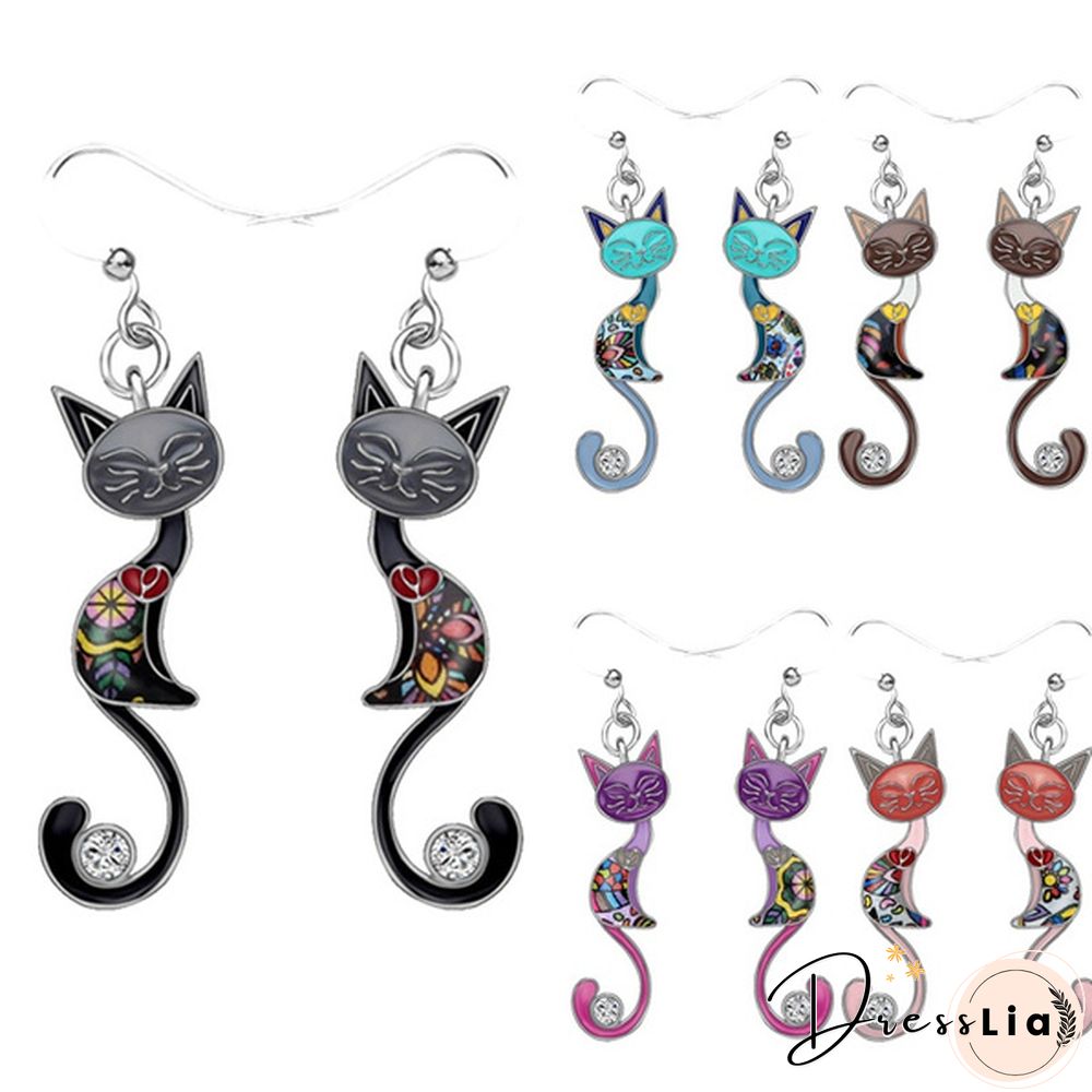 Fashion Animal Enamel Alloy Rhinestone Elegant Closed Eyes Cat Earrings Drop Dangle Earrings For Women Girls Gift Charms Pet Accessories 1 Pair Hot Sale