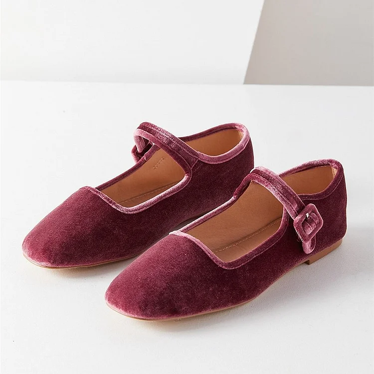 Maroon Velvet Mary Jane Shoes Square Toe Flats School Shoes |FSJ Shoes
