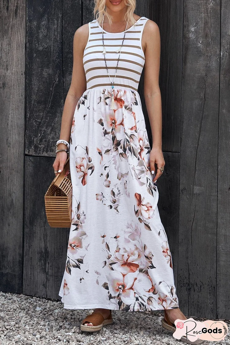 Striped Floral Round Neck Sleeveless Maxi Dress