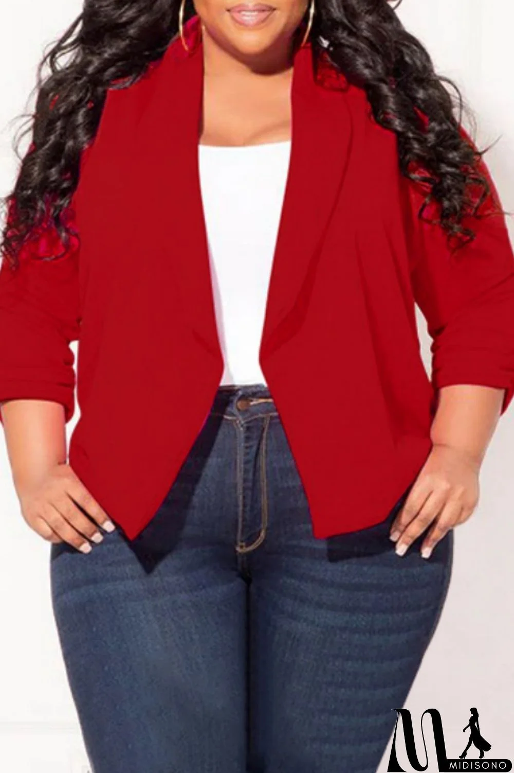 MidiSono - Burgundy Casual Solid Cardigan Turn-back Collar Plus Size Overcoat