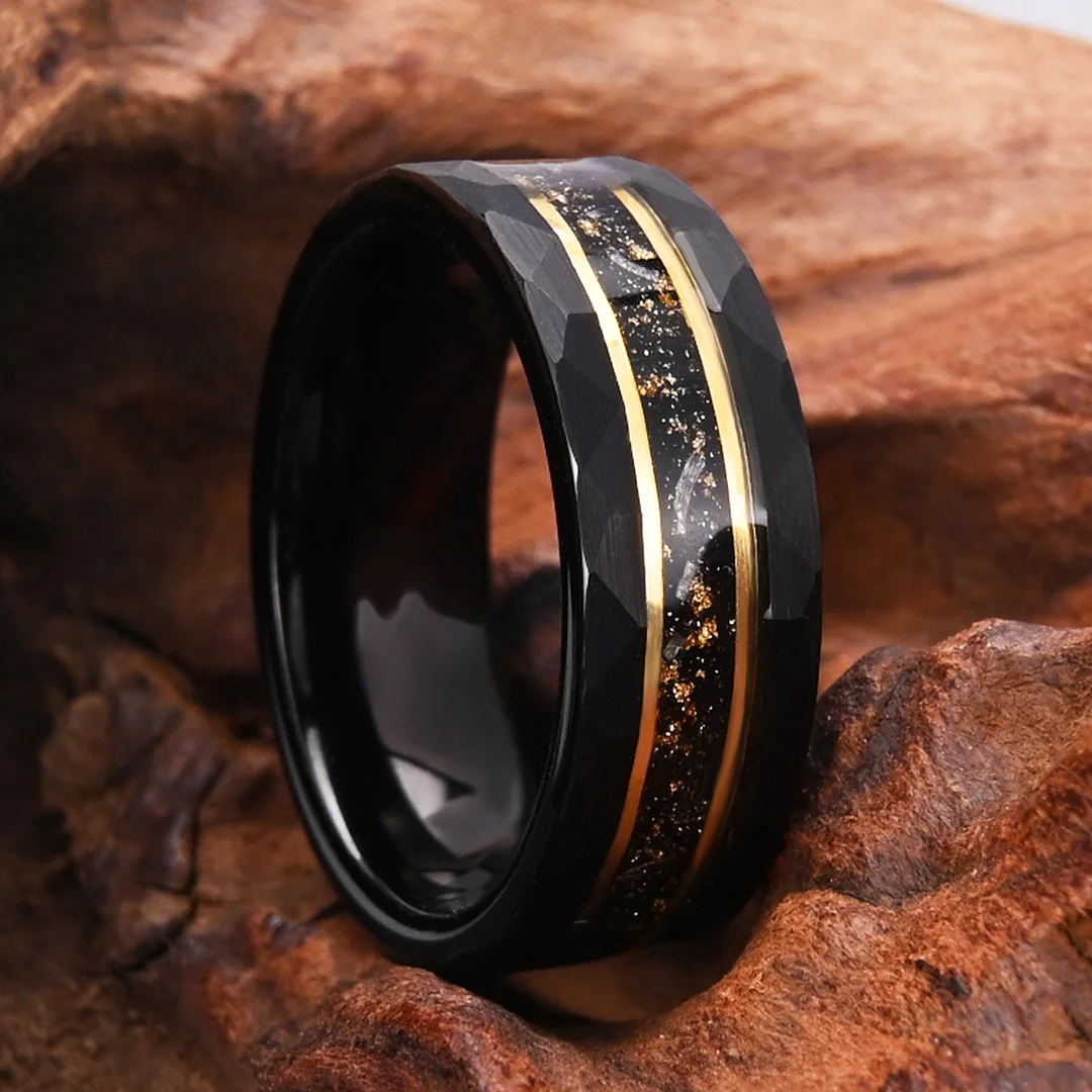 8MM Opel Men Tungsten Carbide Rings Fragments of Gold Foil and Meteorite Wedding Bands