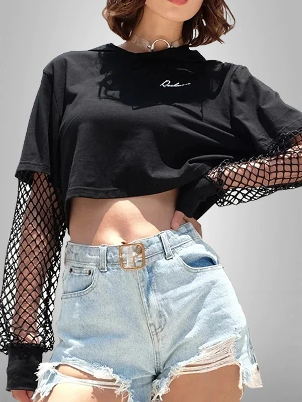 Fishnet Sleeve Crop Top Hoodie