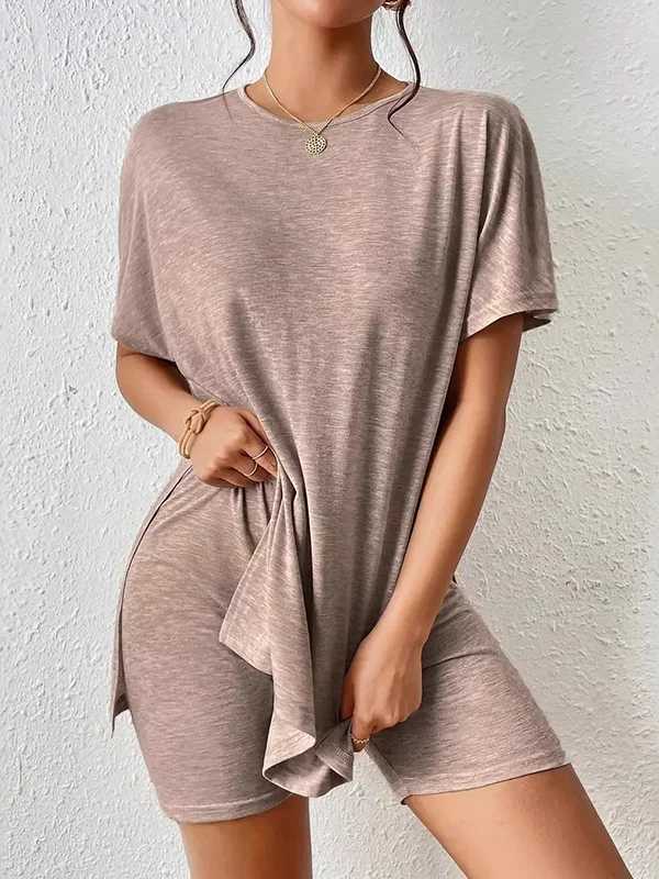Split-side Split-Joint Solid Color Raglan Sleeve Loose Round-neck Pajama Sets