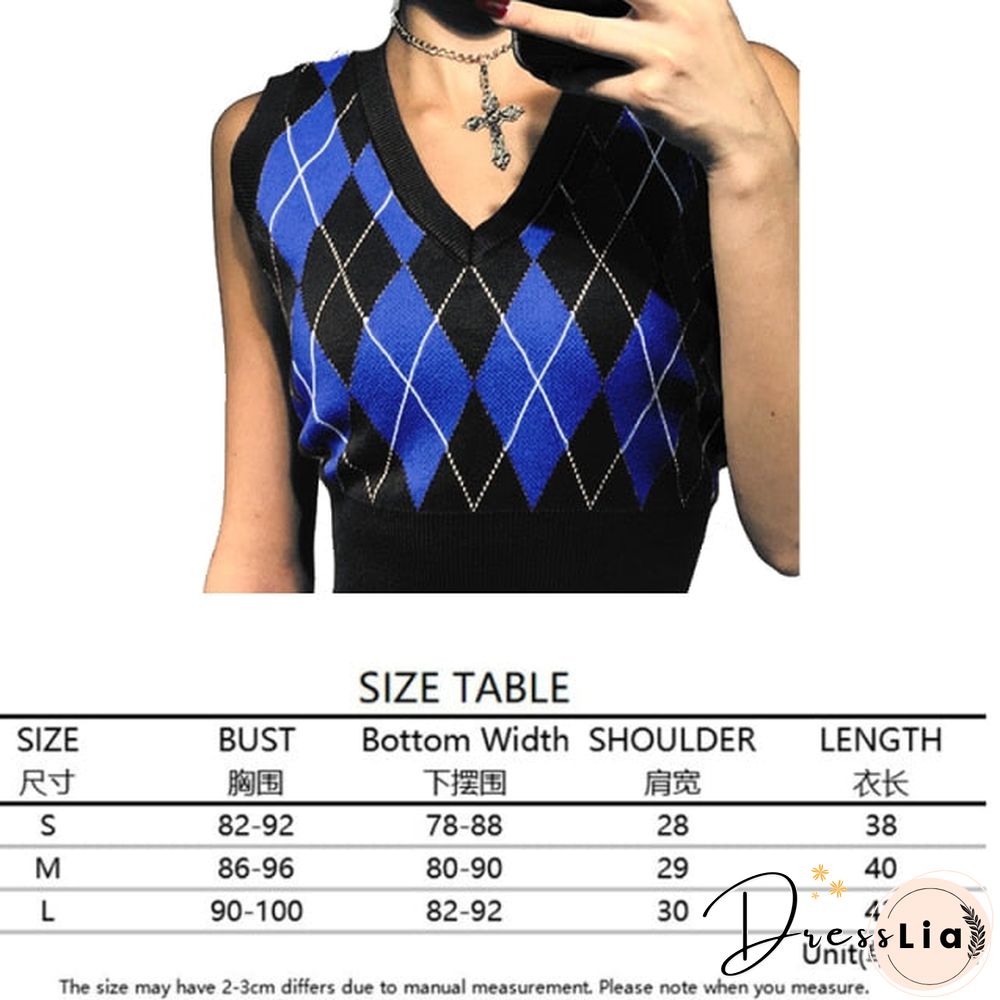 V Neck Vintage Argyle Sweater Vest Women Black Sleeveless Plaid Knitted Crop Sweaters Casual Autumn Preppy Style tops