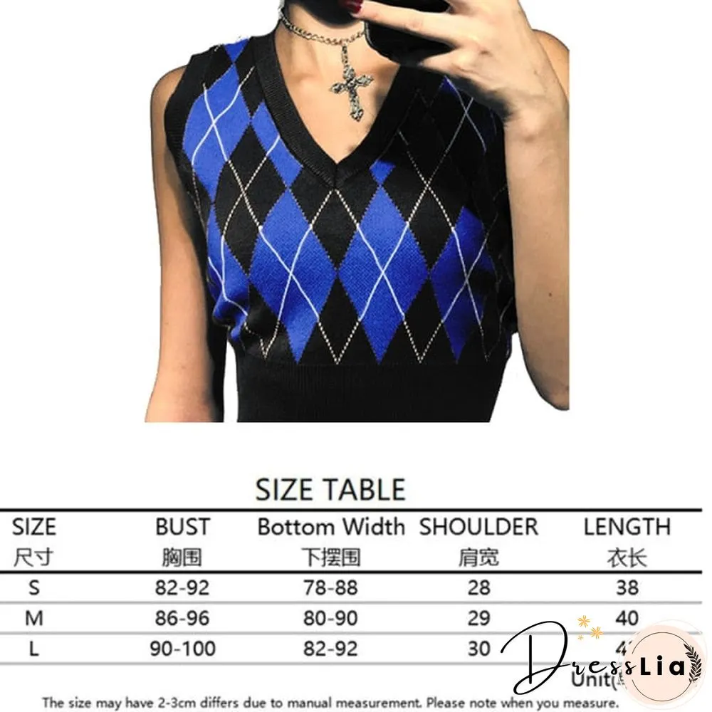 V Neck Vintage Argyle Sweater Vest Women Black Sleeveless Plaid Knitted Crop Sweaters Casual Autumn Preppy Style tops