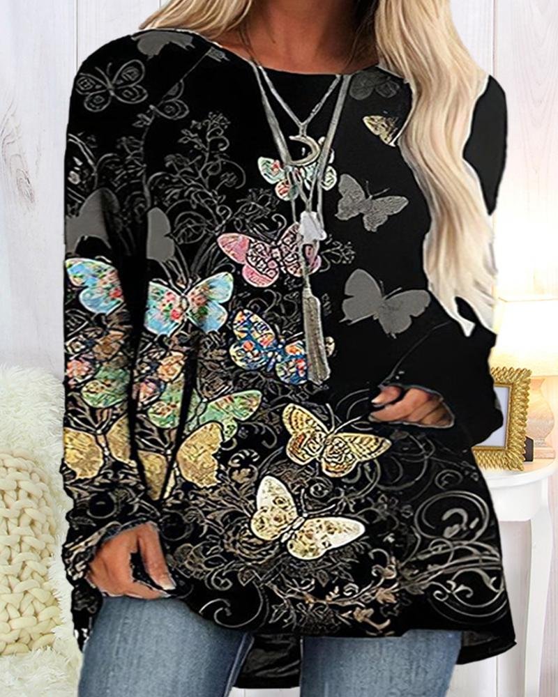 Women's Colorful Butterflies Print Round Neck Long Sleeve Plus Size Top