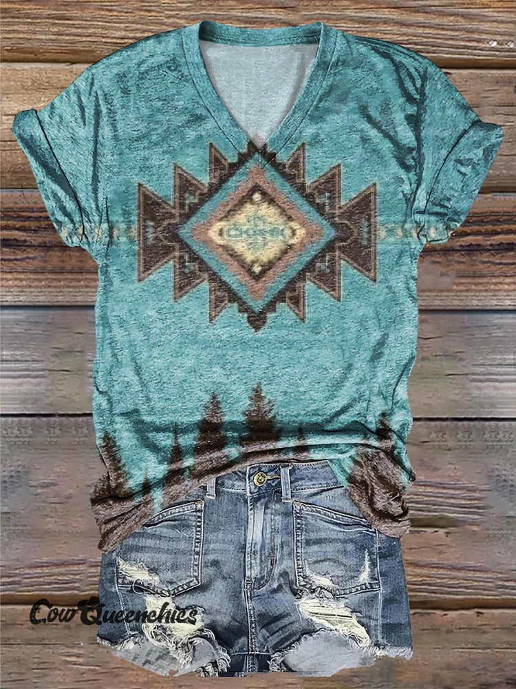 Simple Aztec Pattern Print V Neck T-Shirt Blue / S