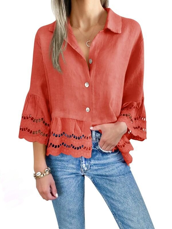 Txplogistic New Spring/Summer Women's Large Lace Horn Sleeve Hollow Lace Women's Shirt
