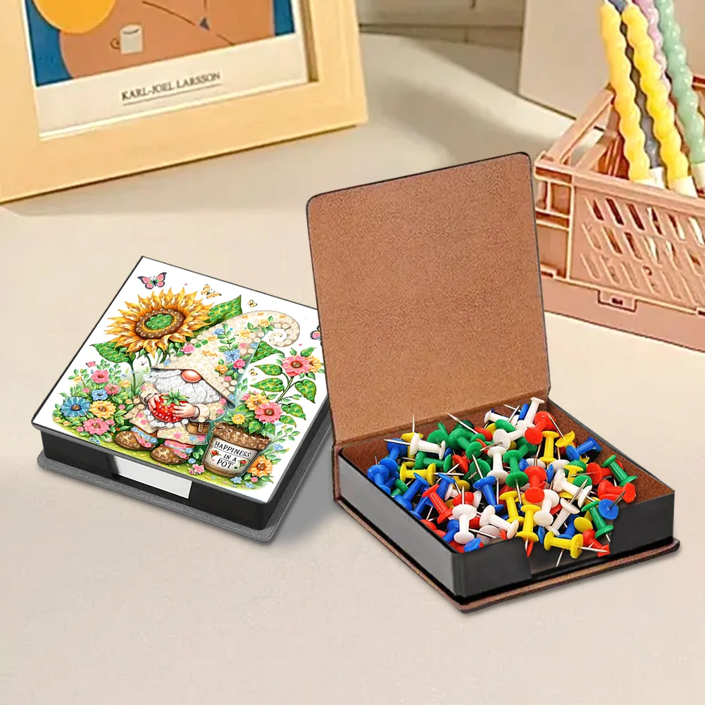 DIY Flower Gnome Leather Diamond Art Note Box with 160 Sheets of Paper for Beginners