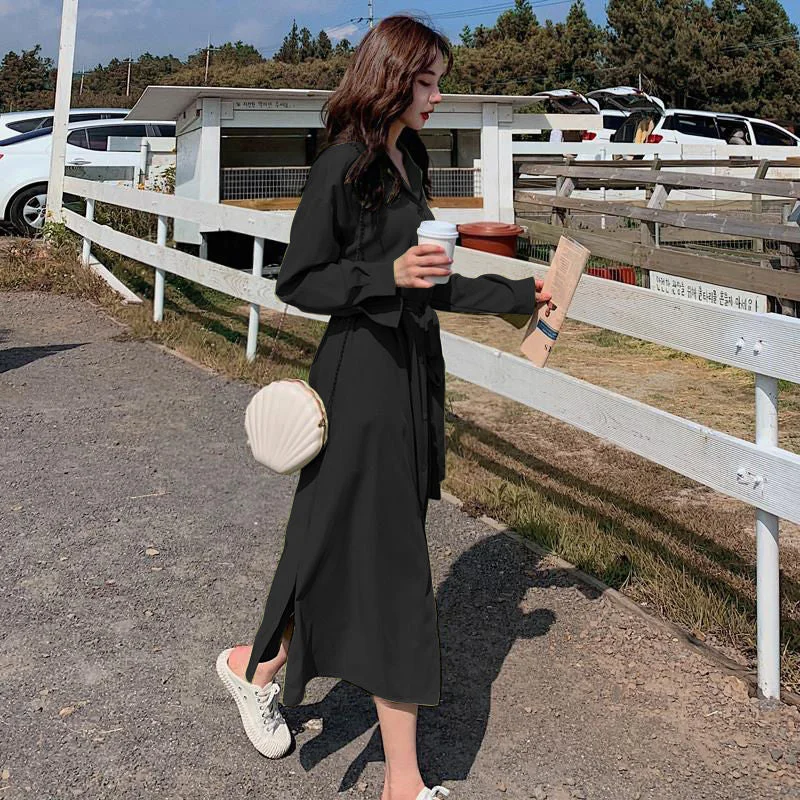 Long Sleeve Dresses Women Single Breasted Notched French Style Solid Sashes Elegant Office Ladies Chic Retro Casual Dress Trendy