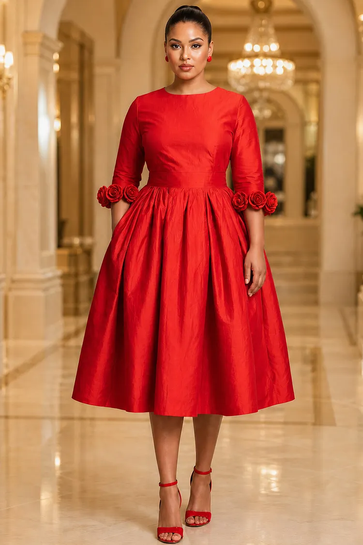 Xpluswear Design Plus Size Christmas Red Round Neck 3/4 Sleeve 3D Pocket Satin Midi Dresses [Pre-Order] 2024 - Xpluswear