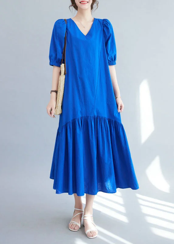 Boutique Blue V Neck Ruffled Patchwork Silk Long Dresses Summer