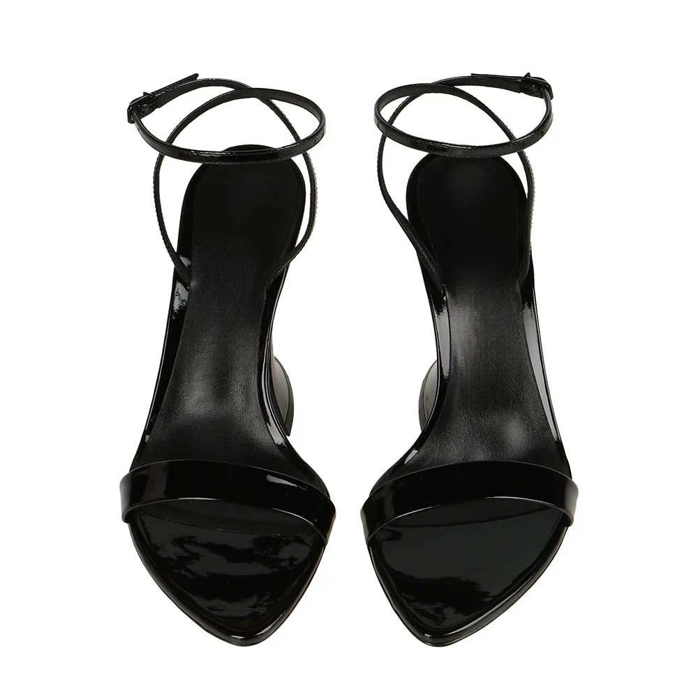 Black Pointed Toe Sculptural Heel Ankle Strap Sandals with Buckle