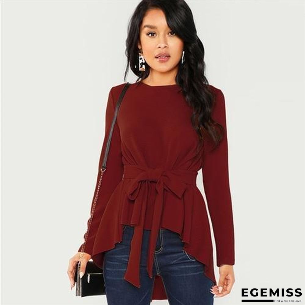 Burgundy Long Sleeve Blouse Elegant Self Belted Asymmetrical Hem Tops Blouses | EGEMISS