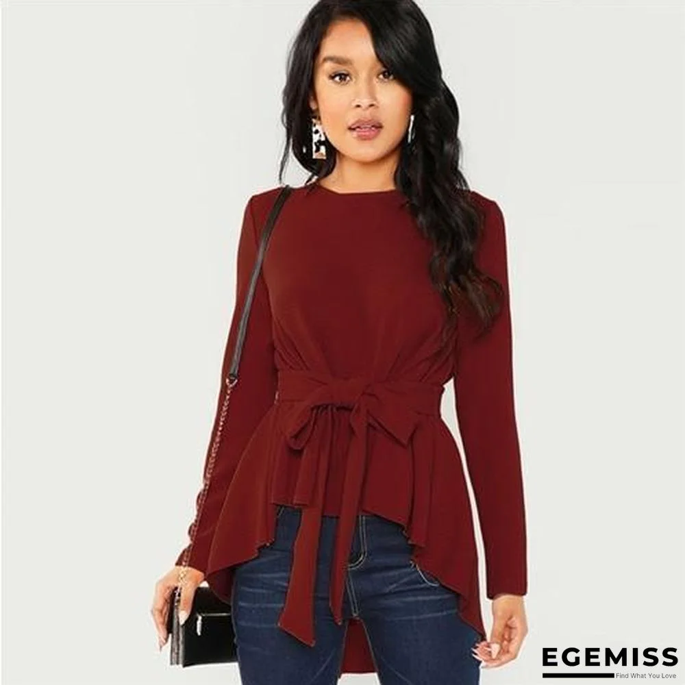 Burgundy Long Sleeve Blouse Elegant Self Belted Asymmetrical Hem Tops Blouses | EGEMISS