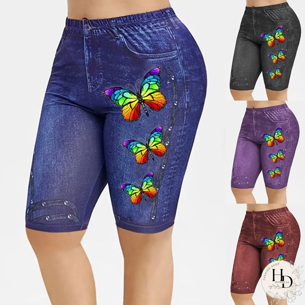 4 Colors New Summer Women Fashion Casaul 3D Printed Butterfly Printed Knee Length Jeggings Shorts Faux Denim Jean Shorts Pants Plus Size