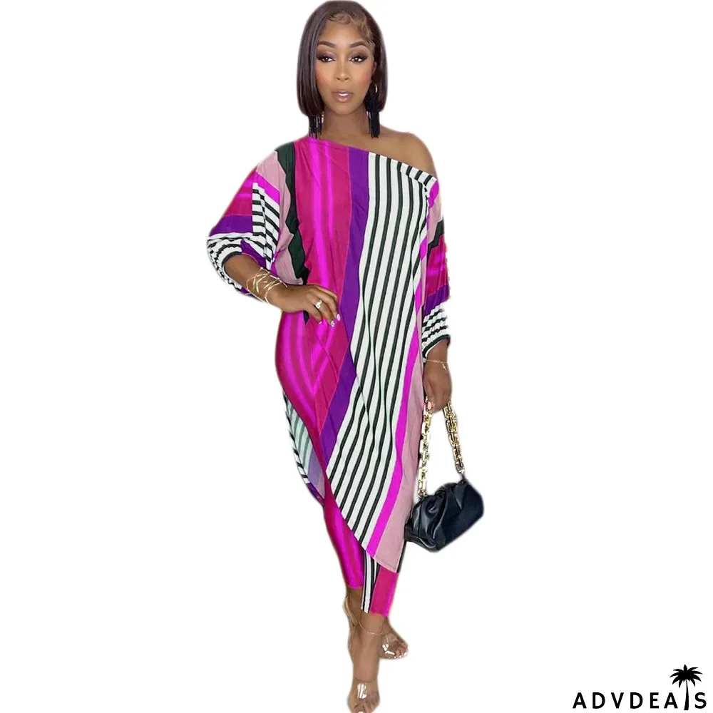 Women's Fashion Casual Loose Plus Size Slash Shoulder Pant Two Piece