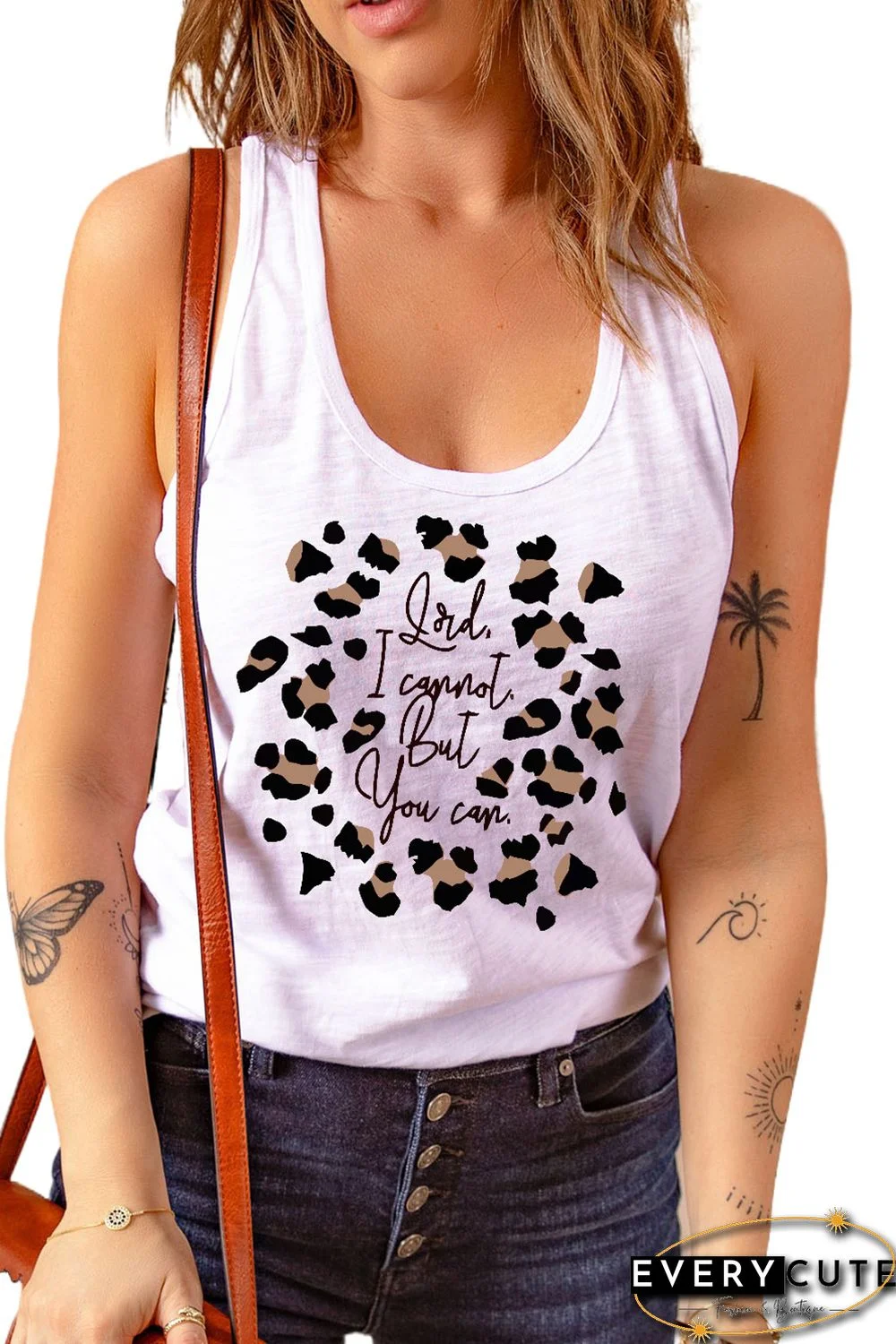 White Letters Leopard Print U Neck Racerback Tank Top