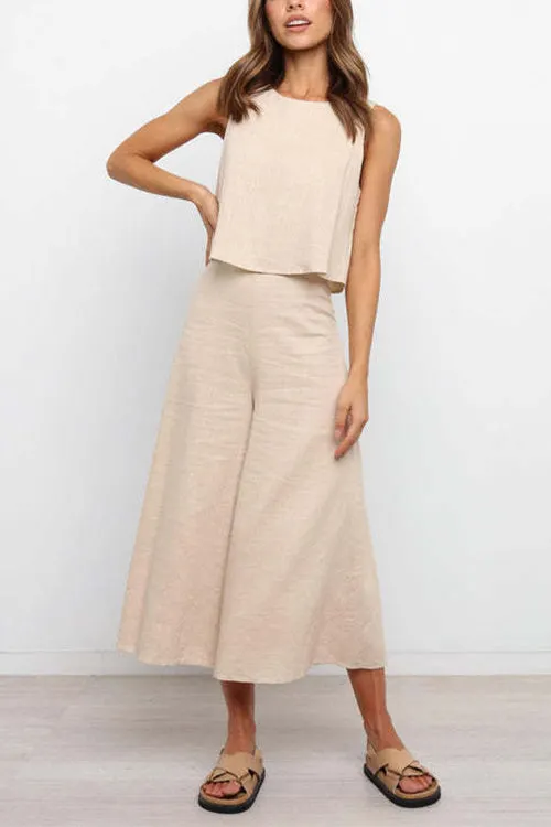 Kelsi Dress Crewneck Sleeveless Top and Wide Leg Pants Solid Set