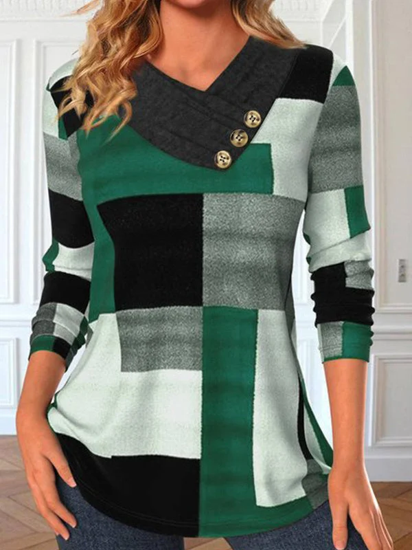 Women plus size clothing Women's Stitching Plaid Solid Color V-neck Long Sleeve Top-Nordswear