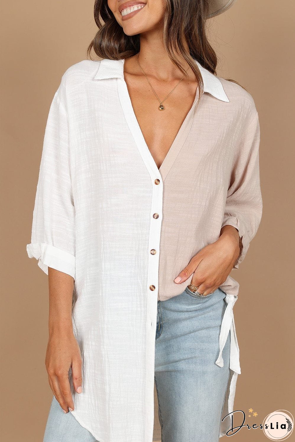 Three-Quarter Sleeve Linen Cotton Blend Top