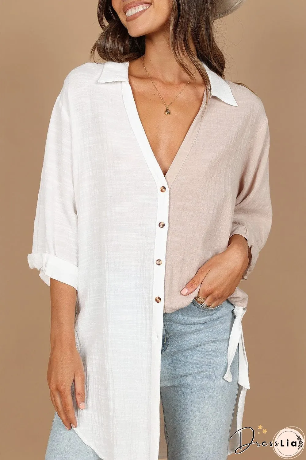 Three-Quarter Sleeve Linen Cotton Blend Top