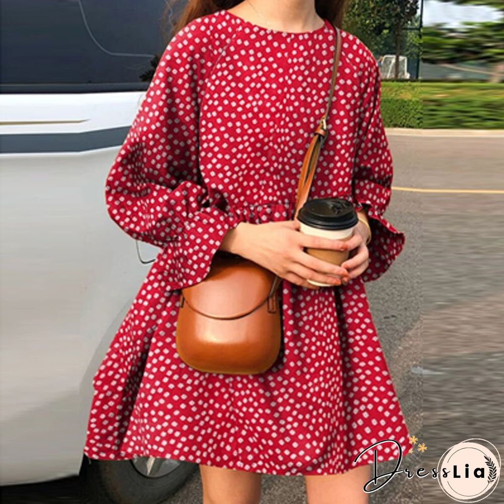 Womens Fashion Small Fresh Long Sleeve Neck Dress Early Autumn Dot Print Mini Ladies