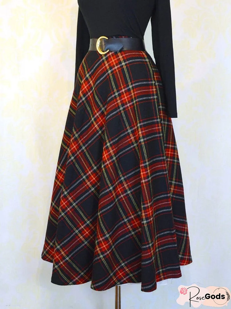 Black-Red Paneled Cotton-Blend Vintage Swing Skirt