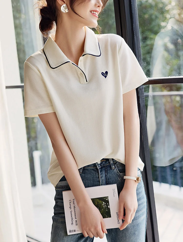 Athvotar Athvotar With Short-Sleeved T-Shirt Women 2025 Summer New Love Embroidery Collar Casual Slim Polo Shirt