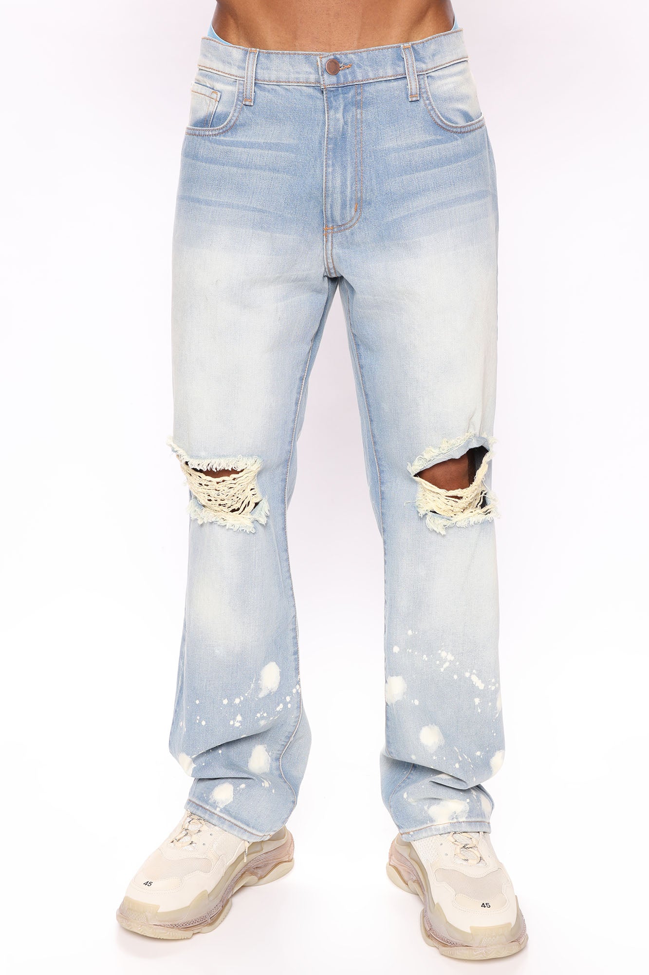 Bleach End Spotted Ripped Straight Jeans - Light Wash