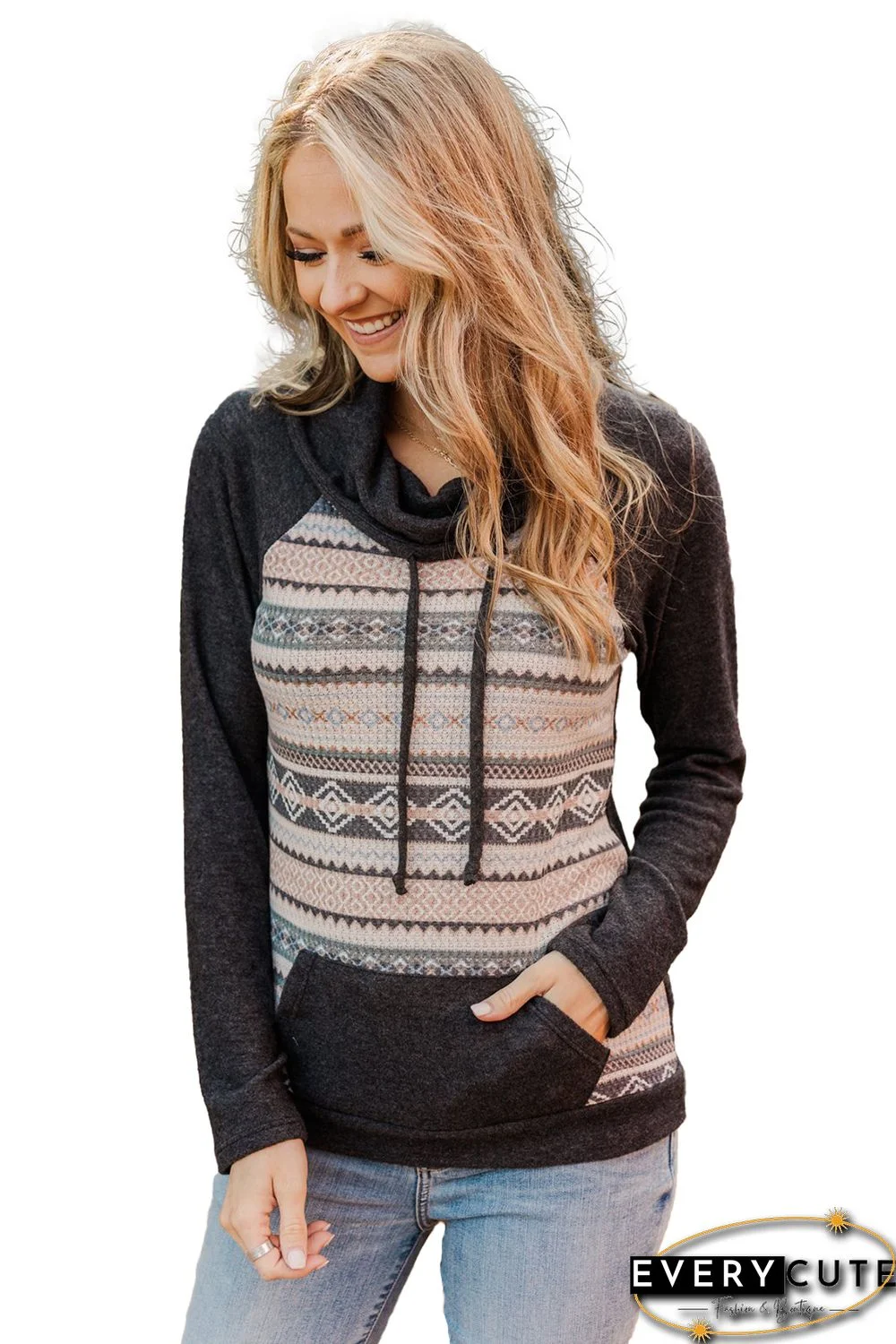 Black Geometric Print Pocket Cowl Neck Sweatshirt