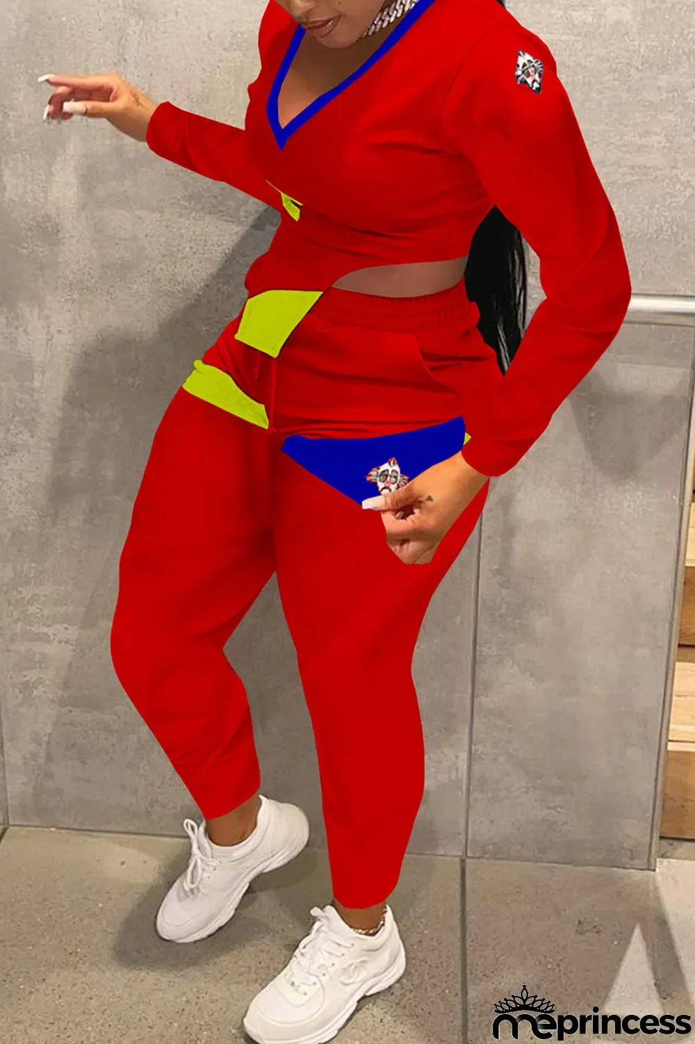 Red Casual Print Split Joint Asymmetrical V Neck Long Sleeve Two Pieces