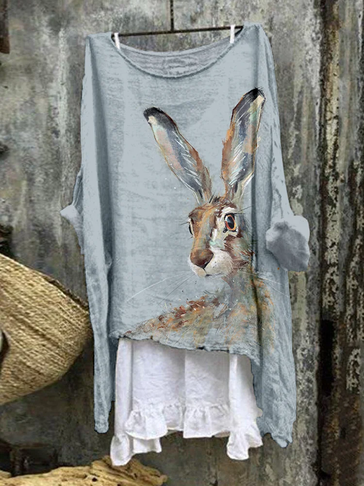 Comstylish Cute Bunny Bright Eyed Linen Blend Flowy Tunic