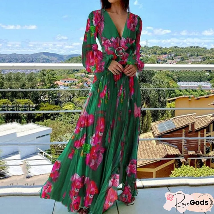 Vintage Floral Print Autumn Dress Lady Elegant Long Sleeve V Neck Crossover Long Dress Women Fashion Slit Loose Big Hem Dresses