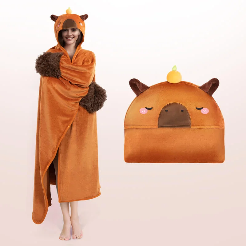 Mewaii® Tangerine Capybara Wearable Blanket Hoodie Oversized Flannel Sweatshirt Blanket Warm & Cozy Hooded Blanket Gifts