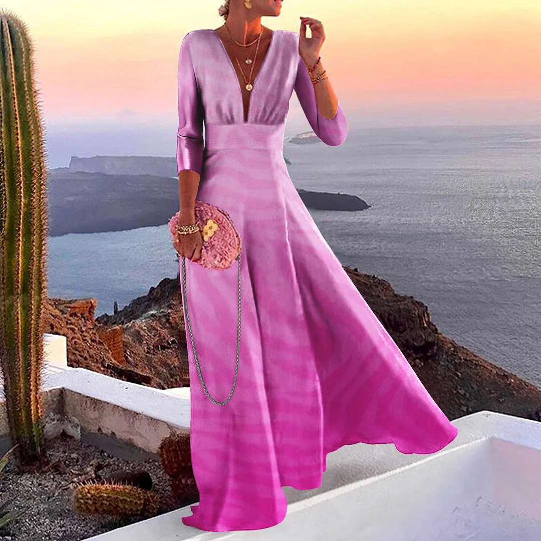 Gradient Wavy Print Casual Maxi Dress