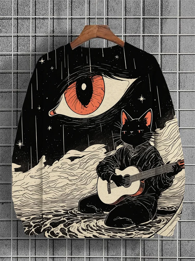 Men's Black Cat Playing Guitar Eye Graphic Print Casual Sweatshirt