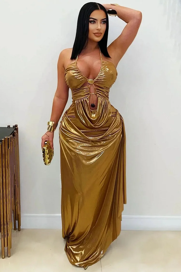 Halter V Neck Backless Gathered Metallic Party Maxi Dresses-Gold [Pre Order]