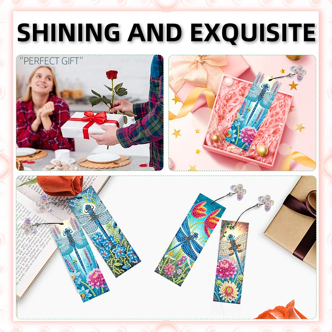 12Pcs Dragonflies Flowers DIY Diamond Art Painting Bookmark for Beginners Adult