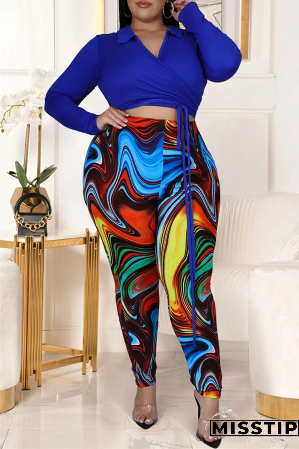 Blue Fashion Casual Print Bandage Turndown Collar Plus Size Two Pieces