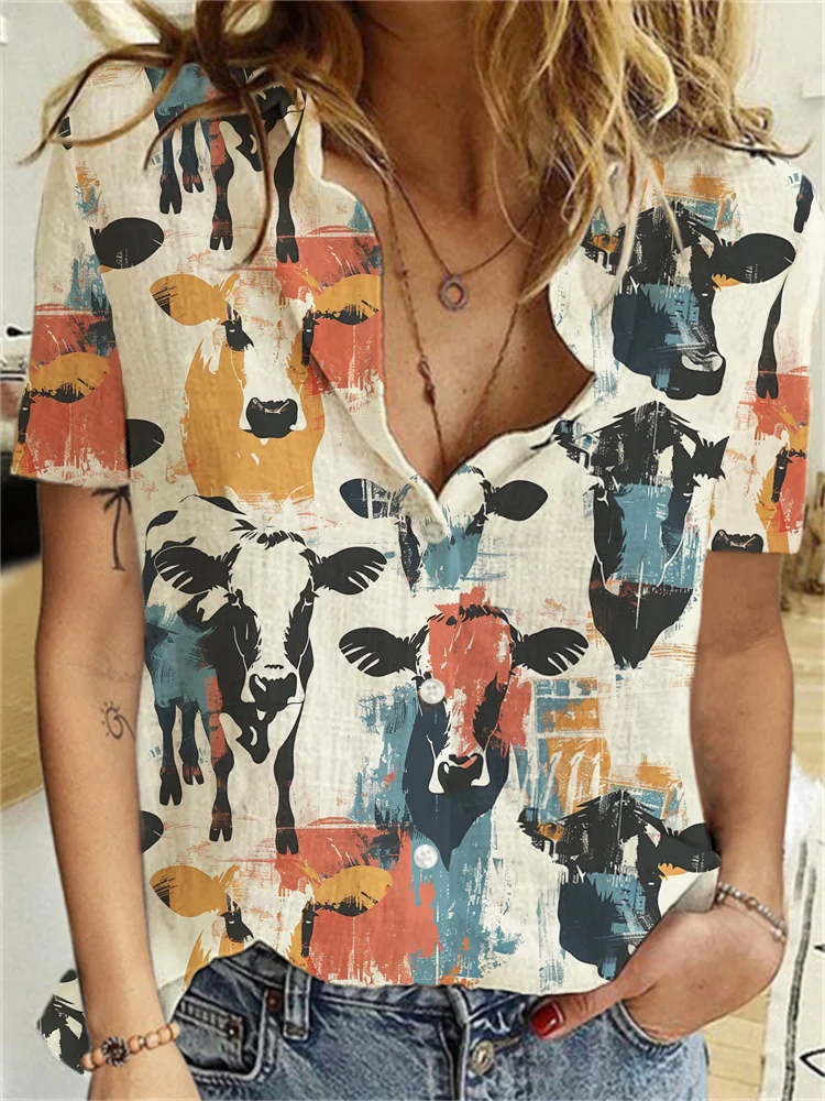 Comstylish Western Graffiti Cow Print Linen Short Sleeve Shirt
